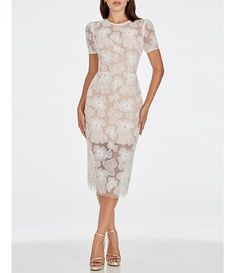 Dress the Population Lia Floral Mesh Crew Neck Short Sleeve Midi Dress | Dillard's Evening Knee-length Midi Dress With Scalloped Lace, Fitted Midi Dress With Sheer Bodice For Cocktail, Sheer Midi Dress For Wedding, Fitted Sheer Lace Mesh Dress, Sheer Lace Fitted Mesh Dress, Elegant Sheer Mesh Lace Dress, Sheer Wedding Midi Dress, Elegant Sheer Lace Mesh Dress, Knee-length Floral Wedding Dress