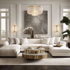 a living room with white couches and large paintings on the wall behind them,