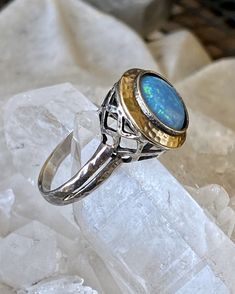 Beautiful Sterling Silver 14kt Gold Blue Opal Vintage Ring Blue Hallmarked Emerald Ring For Anniversary, Fine Jewelry Birthstone Rings For Collectibles, Fine Jewelry Blue Round Rings, Blue Opal Ring In 14k Gold For Formal Occasions, Blue Opal Ring For Anniversary In Fine Jewelry Style, Oval Opal Ring In 14k Gold, Heirloom Opal Ring With Bezel Setting For Formal Events, Heirloom Bezel Set Opal Ring For Formal Occasions, Heirloom Style Bezel Set Opal Ring For Formal Occasions