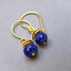 Gold Lapis Lazuli Pierced Earrings, Gold Pierced Earrings With Lapis Lazuli, Gold Lapis Lazuli Gemstone Earrings, Minimalist Faceted Drop Earrings, Elegant Gold Lapis Lazuli Earrings, Gold Lapis Lazuli Earrings, Handmade Lapis Lazuli Yellow Gold Jewelry, Gold Lapis Lazuli Drop Earrings, Gold Lapis Lazuli Pierced Jewelry