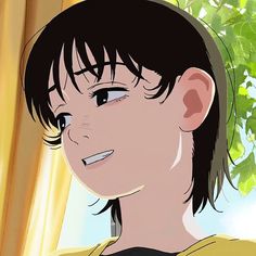 an anime character with black hair and blue eyes looking at the camera while wearing a yellow t - shirt