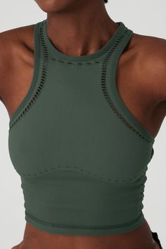 Seamless Open Air Racerback Tank - Dark Cactus | Alo Yoga Cheap Seamless Athleisure Tops, Cheap Light Blue Athleisure Tops, Affordable Trendy Relaxed Fit Muscle Tee, Affordable Mid-rise Activewear For Yoga, Cheap Yellow Athleisure Activewear, Cheap Acid Wash Sporty Tops, Casual Cheap Activewear For Pilates, Detail Craft, Yoga Outfits For Women