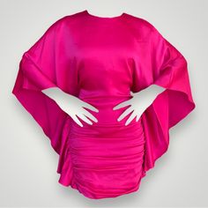 Fabulous Hot Pink Cape Style Mini Dress Such A Statement Piece New With Tags Retail Price Of 595$ Fabric Composition: 89% Acetate, 11% Polyester Interior - 100% Polyester Please Note: Minor Run At Back, Refer To Last Photo Silk Mini Dress With Draped Sleeves, Silk Mini Dress With Draped Sleeves For Evening, Fitted Silk Pre-draped Mini Dress, Fitted Silk Dress With Draped Sleeves, Fitted Pink Silk Cocktail Dress, Ruched Silk Sheath Dress, Pink Draped Silk Dress, Spring Silk Mini Dress With Draped Sleeves, Pink Silk Ruched Dress