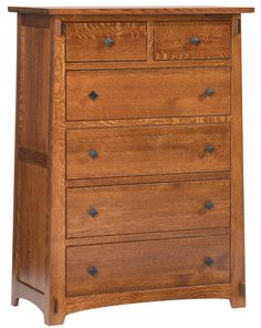 a wooden dresser with five drawers and two doors on the top shelf, side view