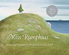 the book cover for miss rumphhus shows a person standing on top of a hill