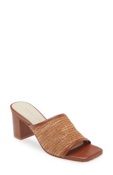 Woven raffia adds boho charm to a slide sandal balanced by a squared-off toe and wrapped block heel. 2 3/4" heel Cushioned footbed Synthetic and leather upper/leather lining/rubber sole Imported Brown Sandals With Wrapped Block Heel, Woven Raffia, Sandal Women, Slide Sandals, Block Heels, Womens Sandals, Rubber Sole, Leather Upper, Nordstrom