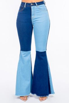 Curvy Color Block Flare Jeans Plus Size Denim, Denim Patches, Denim Color, Jeans Button, Colored Denim, High Waisted Denim, Bell Bottom Jeans, Flare Jeans, Color Block