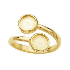 This sterling silver/ gold ring features a bypass design with cabochon mountings at the shank ends. Bezel-set with two round cabs with either 6 m, 8 mm or 10 mm. Shape: Round Shipping weight: 6.065 g Ring size (U.S.):7 Style: Bezel mounting Metal type: Sterling silver Metal color: White Fabrication Method: Cast Material: Metal Band/shank width: 2.8mm Mounting/bezel size(s): Wall height: 1.5mm Country of origin: United States Metal type: Gold Karat/purity: 14K Band/shank width: 2.8mm Ring size (U Gold Round Cabochons With Bezel Setting, Modern Adjustable Bypass Ring, Gold Polished Cabochons For Anniversary, Adjustable Bypass Ring For Formal Occasions, Silver Gold Ring, G Ring, Ring Mountings, Bypass Ring, Gold And Silver Rings