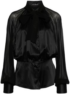 black stretch-silk satin finish pussy-bow collar front button fastening fitted waistline elasticated waistband long sleeves buttoned cuffs long puff sleeves curved hem Buttoned Shirt, Bow Collar, Yoko London, City Dress, Ermanno Scervino, Long Puff Sleeves, Summer Beach Wear, Button Shirt, Black Stretch