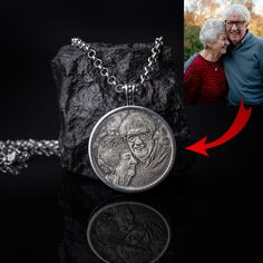 Medallion (Thick Large Relief) necklace is 925 silver and it is custom engraved with your picture and text to be written on the back. This medallion is a personal picture relief, and is obtained by embossing on a 925 silver surface. This 925 Silver relief photo medallion, which you can give as a gift to your loved ones, is a permanent and valuable gift that can be passed from generation to generation without spoiling for centuries. Check the link for details. Love Locket, He And She, Couple Necklace, Jewelry Logo, Christmas Necklace, Photo Necklace, Couple Necklaces, Photo Engraving, Medallion Necklace