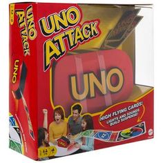 uno card game in its box with the cover open and two children playing inside it