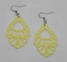 Lace  earrings are light weight and comfort to wear, cute & lovely for any outfit or just for brighten up your day. They can be a wonderful gift for yourself or a friend! Lace chandelier  earrings are available in about  and 5.00cm (1.97 inches) without hooks and are attached to hypoallergenic surgical steel hooks.   MATERIALS: ☑ Surgical Steel hooks and Rubber Backs.  ☑ 100% polyester Each piece that you will find in the collection is made one at a time, with carefully selected materials, and m Elegant Handmade Summer Flower Earrings, Elegant Summer Chandelier Dangle Earrings, Summer Dangle Clip-on Earrings As A Gift, Delicate Summer Jewelry With Matching Earrings, Summer Gift Dangle Clip-on Earrings, Elegant Yellow Dangle Flower Earrings, Delicate Summer Wedding Earrings, Elegant Handmade Summer Hoop Earrings, Delicate Handmade Chandelier Earrings Gift