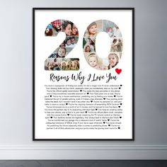 a white framed poster with the number twenty and pictures of people in different locations on it