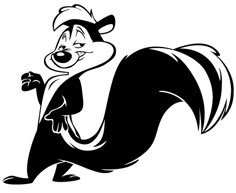 a cartoon skunk is holding his paw up to the side and looking at something