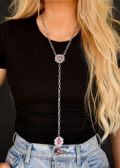 Faye Lariat Necklace 20" W/ 8" Tail Silver Chain Lariat Necklace with Pink Aztec Concho Accents Festival Necklace With Adjustable Chain, Festival Chain Necklace With Adjustable Chain, Silver Chain Lariat Necklace, Festival Lariat Necklace In Metal, Pink Lariat Jewelry For Gifts, Festival Lariat Necklace With Adjustable Chain, Metal Lariat Jewelry With Adjustable Length, Silver Chain Metal Lariat Necklace, Silver Chain Lariat For Jewelry Making