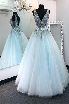 Sky Blue Prom Dress Long, Blue Dresses For Wedding, Prom Dress Floral, Formal Dress Lace, Sky Blue Prom Dress, Lace Long Prom Dress, Blue Evening Dress, Gown Pictures, Prom Dress Ideas