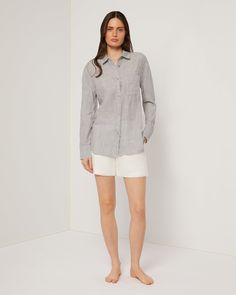 The Tencel-blend fabric makes this Air Linen Boyfriend Shirt especially breathable and soft. It’s classically tailored with a spread collar, drop shoulders and shirttail hem as well as button closures at the sleeve plackets. The Air Linen Boyfriend Shirt is styled with the Air Linen Boyfriend Short. Spring Shirt With Concealed Placket And Shirttail Hem, Business Casual Shirt With Shirttail Hem For Summer, Effortless Relaxed Fit Shirt With Placket, Business Casual Tops With Shirttail Hem And Placket, Classic Linen Tops With Shirttail Hem, Classic Linen Top With Shirttail Hem, Casual Summer Tops With Concealed Placket, Classic Unstructured Shirt With Shirttail Hem, Classic Tops With Roll-up Sleeves And Shirttail Hem