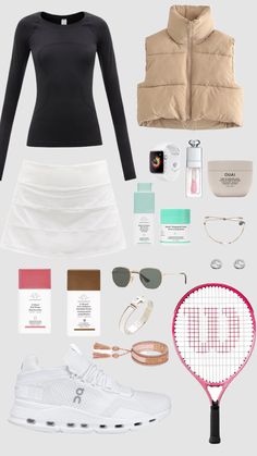 a woman's outfit and accessories including tennis racket