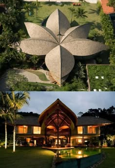 an aerial view of a house with a large flower on the front and side of it