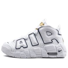 Kids Nike Air More Uptempo'Midnight Navy' GS White/Midnight Navy-Metallic Gold Basketball Shoes/Sneakers Gold Basketball Shoes, Gold Basketball, Reps Shoes, Fake Shoes, Nike Air More Uptempo, Nike Air More, Slippers Online, Navy Outfit, Limited Edition Sneakers