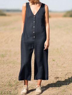 Solid Button V Neck Sleeveless Casual Cotton Jumpsuit Spring V-neck Jumpsuits And Rompers With Buttons, Chic V-neck Jumpsuits And Rompers With Buttons, Summer V-neck Jumpsuits And Rompers With Buttons, Summer Button-up Solid Color Jumpsuits And Rompers, Spring Solid Color Jumpsuits And Rompers With Buttons, Summer Overall Jumpsuits And Rompers With Button Closure, Summer Button-up Solid Color Jumpsuit, Spring Jumpsuits And Rompers With Buttons, Summer Solid Color Button-up Jumpsuit