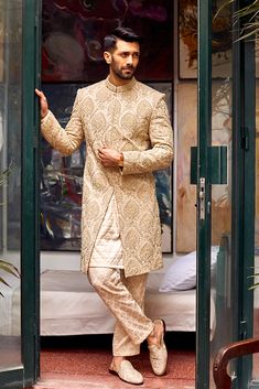 Royal Pakistani Embroidered Sherwani Dress for Groom Beige Sherwani Groom, Pakistani Groom Dress, Men Sherwani, Indian Groom Dress, Groom Sherwani, Red Lehenga Choli, Embroidered Sherwani, Pakistani Bridal Dress, Groom Dress Men