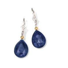 Ross-Simons - 18.00ct t. w. Opaque Sapphire Drop Earrings in Silver, 14kt Gold. Make the night a romantic one with these 18.00 ct. t. w. opaque sapphire drop earrings! The pear-shaped opaque sapphires are set in polished sterling silver and topped with gleaming 14kt yellow gold beads for a chic contrast. Hanging length is 1 3/8". Leverback, sapphire drop earrings. Sapphire birthstones are the perfect gift for September birthdays. Silver Briolette Earrings For Evening, Sapphire Diamond Drop Earrings For Formal Occasions, Elegant Pierced Briolette Earrings, Formal Pear-shaped Clip-on Jewelry, Classic Teardrop Sapphire Earrings, Evening Sterling Silver Diamond Earrings With 17 Jewels, Pear-shaped Gemstone Jewelry For Evening, Elegant Sapphire Diamond Earrings For Anniversary, Formal Teardrop Sapphire Earrings