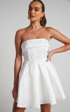 Valora Mini Dress - Strapless Fit and Flare Satin Dress in Ivory | Showpo USA Strapless A-line Dress With Ruched Bodice For Wedding, Wedding Strapless Dress With Pleated Bodice And Straight Neckline, Satin Mini Dress With Straight Neckline For Wedding, Fitted A-line Strapless Dress For Wedding, Chic Mini Dress With Ruched Bodice For Wedding, Fitted Mini Dress With Straight Neckline For Bridesmaids, Chic Wedding Mini Dress With Pleated Bodice, Chic Wedding Mini Dress With Ruched Bodice, White Mini Dress With Pleated Fitted Bodice