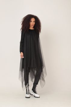 Black Sheer Dress, Black Tulle Dress, Plus Size Tulle Dress OVERSIZED MIDI DRESS IN ASYMMETRIC RICH TULLE NET LAYERS GARMENT FEATURES: * A truly stunning design with a WOW-effect when moving * Asymmetric rich tulle layers of soft net * Fully lined with soft cotton jersey * Ribbed classic crew neckline * Long jersey sleeves in a sweatshirt pattern, covered in tulle * Light weighted and comfy to wear * Part of our ADEPTT PREMIUM edit SIZING & FITTING: Model is 172cm tall and wears size S. This Black Party Dresses With Tulle Skirt, Black Tulle Dress For Party, Black Mesh Tulle Skirt Dress For Party, Black Mesh Dress With Tulle Skirt For Party, Black Tulle Mesh Dress For Party, Black Organza Evening Maxi Dress, Stretch Tulle Evening Dresses, Sheer Tulle Evening Dress With Long Sleeves, Black Tulle Skirt Dress For Night Out