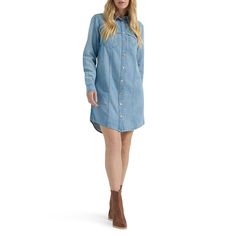 You'll look great in this women's Wrangler Western denim shirt dress. Click on this WOMEN'S GUIDE to find the perfect fit and more! You'll look great in this women's Wrangler Western denim shirt dress. Click on this WOMEN'S GUIDE to find the perfect fit and more! FEATURES Collared neckline Long sleeves Snap cuffs Snap front Western yoke details Denim construction 4 pokets Shirttail hemFIT & SIZING Shirtdress silhouette 33.25-in. length from shoulder to hem Mini length hits at the thighFABRIC & C Casual Chambray Denim Dress, Medium Wash Relaxed Fit Shirt Dress For Fall, Fitted Light Wash Shirt Dress, Light Wash Shirt Dress For Daywear, Casual Denim Shirt Dress For Fall, Fall Cotton Denim Blue Shirt Dress, Fall Denim Blue Cotton Shirt Dress, Casual Light Wash Long Sleeve Shirt Dress, Denim Blue Cotton Shirt Dress For Fall