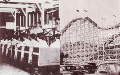 an old black and white photo of people on a roller coaster at the amusement park