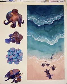 an art work with watercolors and paper cutouts depicting sea turtles on the beach