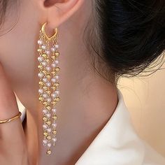 Dainty But Lengthy Pearl Tassel Hoop Earrings, Pearl Ball, Gold Ball Tassel Earrings, Small Hoop Earrings, Drop Earrings Earrings Small Hoop, Ear Accessories, Small Hoop Earrings, Earrings Pearl, Earrings Drop, Tassel Earrings, Birthday Anniversary, Earrings For Women, Party Wedding