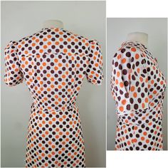 "Adorable polka dot 1930s cotton dress and bolero jacket set. Cute V bust seaming and there are two pleats either side for bust fullness. Dress goes over the head and closes with a 9 inch metal zipper on the side . Bolero jacket has puff sleeves which are gathered at the shoulder seam and hold the shape well. Darts on the front and back below the shoulder yoke and at hem which open up for bust fullness. Closes with cute shell buttons. Fabric is medium weight cotton. No tags present, probably a h Fitted Retro Polka Dot Vintage Dress, Retro Fitted Polka Dot Vintage Dress, 1950s Style Fitted Polka Dot Dresses, Fitted 1950s Polka Dot Dresses, Fitted Polka Dot Vintage Dress, Retro Polka Dot Lined Dresses, Retro Polka Dot Dress For Daywear, Retro Polka Dot Day Dresses, Fitted Polka Dot Dress For Daywear