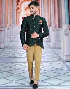 Bottle Green Jodhpuri  Art work Silk Pant Cotton Bandhgala With Resham Embroidery In Traditional Drape, Green Bandhgala With Chikankari Embroidery For Eid, Green Bollywood Bandhgala With Chikankari Embroidery, Festive Embroidered Pista Green Nehru Jacket, Green Semi-stitched Bandhgala With Resham Embroidery, Diwali Green Nehru Jacket With Resham Embroidery, Green Nehru Jacket With Resham Embroidery For Diwali, Green Nehru Jacket With Resham Embroidery For Eid, Navratri Bandhgala With Chikankari Embroidery In Art Silk