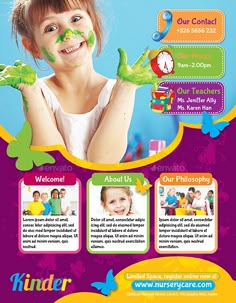 a child's birthday party flyer with photos and text on the front, in bright colors