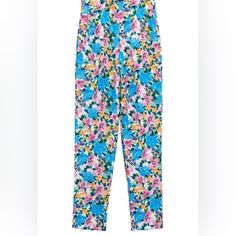 New With Tag High Waist Multicolor Floral Pants, High Waist Multicolor Floral Print Pants, Blue Floral Print Straight Leg Bottoms, High-waist Multicolor Floral Print Pants, Blue Floral Print Pants For Spring, Blue Floral Print Ankle-length Pants, Spring Blue Floral Print Pants, Multicolor High-waisted Floral Print Pants, Multicolor Floral Print Pants