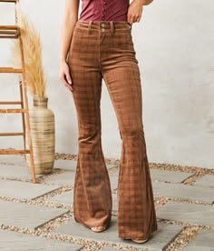 KanCan Ultra High Rise Corduroy Super Flare Pant - Brown 22/34, Women's Connie Ultra high rise Stretch fabric Slightly fitted through the hip and thigh 25 super flared bottom opening Raw hem detail. 97% Cotton 3% Spandex. Machine wash cold inside out with like colors. Do not bleach. Tumble dry low. Low iron as needed.. WOMEN'S BOTTOMS SIZE CONVERSION CHART Waist (size) 22 23 24 25 26 27 28 29 30 31 32 33 34 36 38 Juniors - 00 0 1 3 5 7 9 11 13 15 - - - - US - - 00 0 2 4 6 8 10 12 14 16 18 20 22 High Waisted Fitted Flare Pants, Affordable High Rise Casual Flares, Cheap Trendy Women's Flare Jeans, Cordory Wide Leg Pants, Cheap Pull-on Style Fall Bottoms, Cheap Casual High Rise Flares, Cheap Trendy Flare Jeans, Cheap Mid-rise Flares For Fall, Cheap Flared Hem Pants For Fall