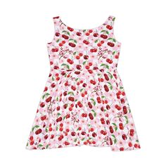 This dress offers both style and comfort with its stretchy fabric. Featuring a red cherry pattern and pink and white checkerboard, accented with delicate floral details. Add a pop of fun to your wardrobe with this playful dress. Whether it's hitting the town or lounging around, this skater dress brings an unmatched flair to any woman's wardrobe. Made with a high-quality, 290gsm fabric blend that is 83% polyester, 17% spandex, it's comfy, stretchy and a perfect match to any occasion. It'll be an Playful Red Sleeveless Dress For Summer, Sweet Summer Dress For Picnic, Playful Pink Fitted Sundress, Fitted Pink Cotton Sundress, Fitted Casual Sleeveless Dress For Picnic, Sweet Spring Dress For Picnic, Sweet Spring Dresses For Picnic, Pink Fruit Print Dress For Spring, Pink Fitted Sleeveless Casual Dress