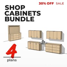 an advertisement for cabinets and drawers with the words shop cabinets bundle 4 plans on it