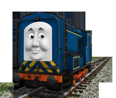 thomas the tank engine from thomas the train is shown in this animated image, it appears to be looking like he's smiling