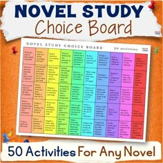 the novel study choice board is shown with an orange background and white writing on it