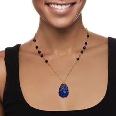 Ross-Simons - C. 1920 Vintage Lapis Fancy-Link Necklace in 14kt Yellow Gold. 18". C. 1920. This century-old statement fits in swimmingly with our Estate collection. The daringly vibrant Art Deco-era necklace features 5.75-6.39mm lapis beads stationing a 14kt yellow gold fancy-link chain, punctuated with one more captivating 34x22mm pear-shaped lapis drop - putting its natural swirls of blue and gold on display beneath a carved surface for all to admire. Springring clasp, lapis fancy-link necklac Elegant Sapphire Necklaces With Natural Stones, 14k Gold Gemstone Jewelry For Evening, Hallmarked Briolette Necklace For Gift, Fine Jewelry 14k Gold Necklace For Evening, Formal Yellow Gold Necklaces With Natural Stones, Elegant Drop Necklace With Briolette Natural Stones, Elegant Briolette Drop Necklace With Natural Stones, Elegant 14k Gold Necklaces With Natural Stones, Elegant Lapis Lazuli Jewelry For Formal Occasions