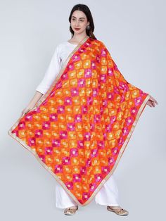 This light weight Red and Gold phulkari dupatta for women by Moda Chales is an exemplary item that are must haves in every women's wardrobe. Ethnic Punjabi handwork, and soft feel add the perfect finishing touch to almost any outfit. It is the ideal fashion accessory for any season, event or occasion! It is lightweight, super soft and easy to carry. 💡 Material- Chiffon 💡 Pattern - Embroidered 💡 Type of Work - Phulkari / Fulkari 🥻 Multicolor Phulkari chunni for Women (Magenta and Orange) 💡 Free Size Dupatta that is approx. 2.25 Meters- 2.30 Meters Long and 44 inches wide 💡 Also Called as Bridal Dupatta, fulkari dupatta, handmade phulkari dupatta 💡 Dry Clean Recommended 🎁 Gift Wrap Possible 🎁 Free Shipping and Express Shipping Also Available 🎁 Shipped from Amritsar, Punjab ( India Motif Dupatta For Puja During Navratri, Orange Dupatta For Festive Transitional Season, Orange Festive Dupatta For Transitional Seasons, Festive Orange Dupatta For Transitional Season, Traditional Bandhani Print Dupatta For Celebration, Semi-stitched Bandhani Print Dupatta, Multicolor Gota Work Kurta For Transitional Season, Diwali Celebration Bandhani Print Dupatta, Orange Bandhani Print Wedding Dupatta