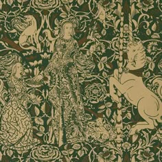 an image of a woman surrounded by animals and flowers on a green wallpaper background