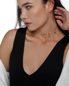 "♦ Unique and designed chain choker made of 2-micron gold plated brass, decorated with a small starfish on the side of the choker, very delicate and suitable for any appearance . You have A year warranty for the color. You can order this choker in sterling silver. SIZE: 13.8\"/30 cm up to 15\"(38cm) with an option to expand up to an additional 2.7\"/7 cm. Pendant height: 0.39\"(1cm) Width pendant: 0.39\"(1cm) Width chain: 0.24\" (0.6CM) ♦ This piece of jewelry is perfect as a gift for yourself, Trendy Gold-tone Chain Choker Necklace, Trendy Gold-tone Choker Chain Necklace, Chic Gold Charm Choker Necklace, Trendy Gold-plated Choker With Adjustable Chain, Trendy Gold Plated Charm Choker Necklace, Trendy Gold-plated Charm Choker Necklace, Trendy Gold Plated Clavicle Chain Choker, Gold Star Charm Choker, Elegant Chain Necklace With Star Charm