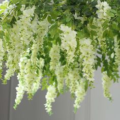 white flowers are hanging from the ceiling in front of a gray wall with green leaves