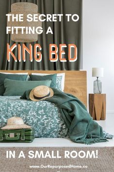 there is a bed with green sheets and pillows