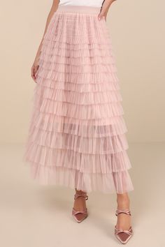 You'll know exactly how to create the most darling ensembles with the Lulus Instinctually Flirty Dusty Pink Tulle Tiered Maxi Skirt! Airy sheer tulle (atop a matching knit liner that ends at the mid-thigh) shapes this too-cute skirt that features a high, elastic waistband and a breezy, A-line silhouette adorned with cascading ruffled tiers. A chic, ankle-length maxi hem completes the look. Fit: This garment fits true to size. Length: Ankle length. Size medium measures 37.5" from waist to hem. Wa Dusty Pink Skirt, Tiered Tulle Skirt, Skirt Tiered, Pink Tulle Skirt, Tulle Maxi Skirt, Tiered Maxi Skirt, Winter Skirt, Pink Tulle, Pink Skirt