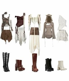 several different types of clothes and boots on display in front of a white background with text overlay